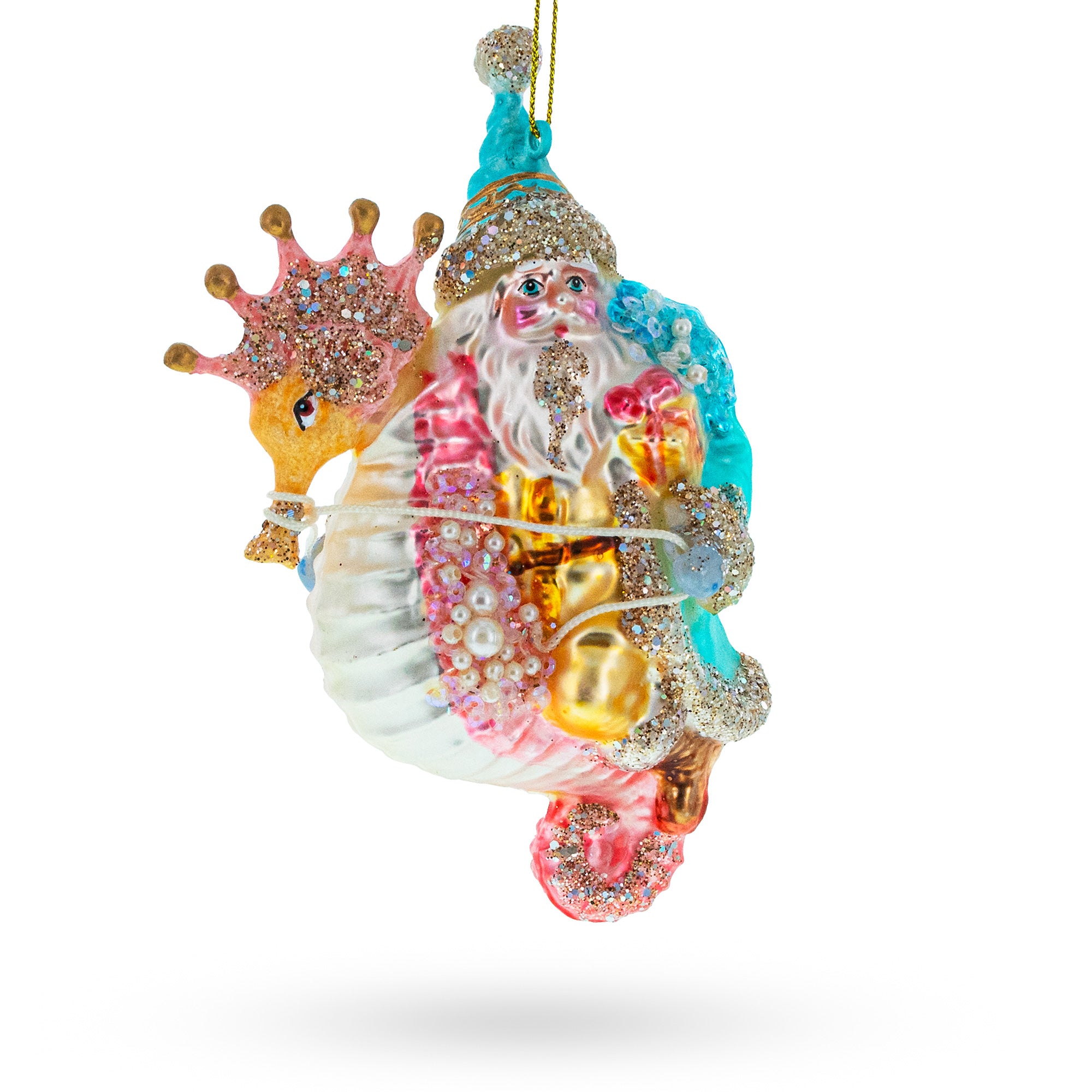 Santa Riding Seahorse Glass Christmas Ornament in Multi color Figurine