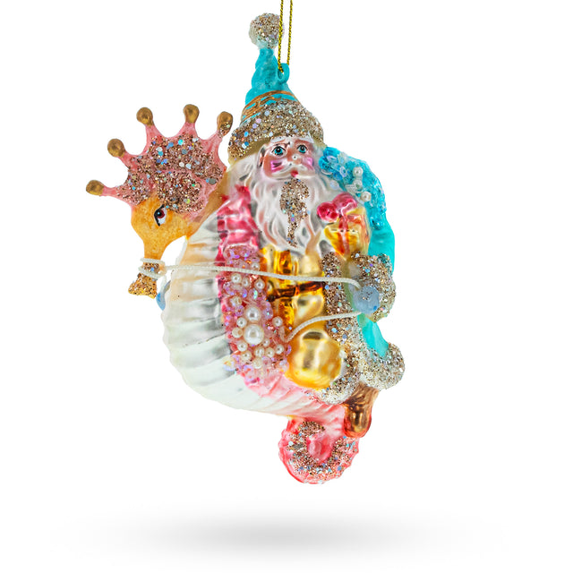 Santa Riding Seahorse Blown Glass Christmas Ornament in Multi color