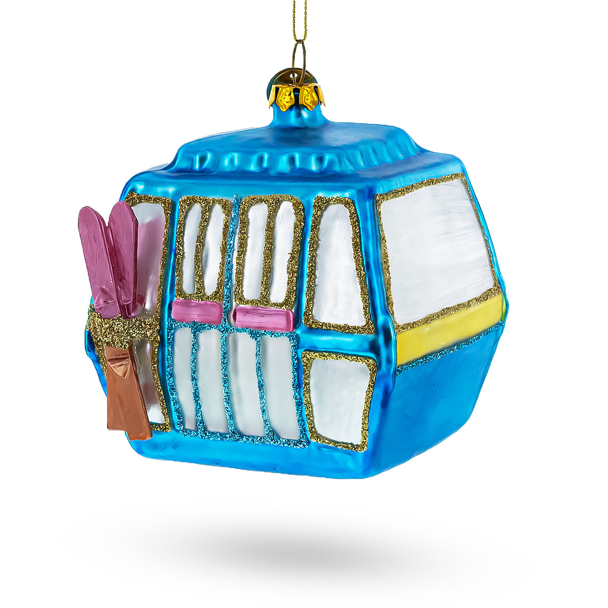 Glass Mountain Bliss Ski Gondola - Blown Glass Christmas Ornament in Multi color