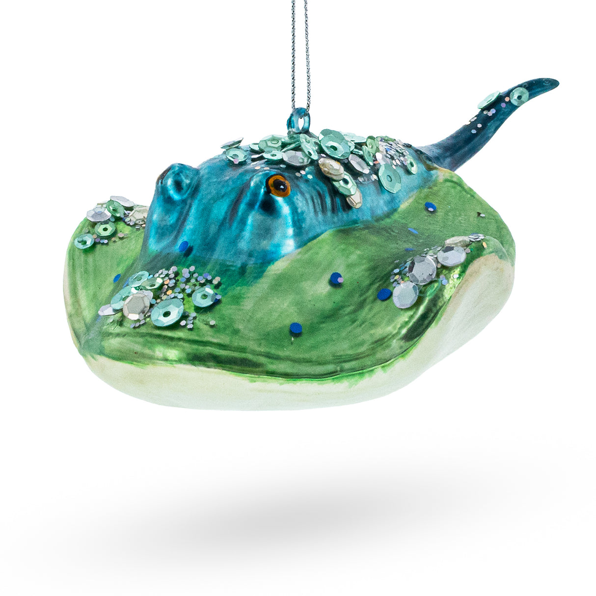 Exquisite Jeweled Blue Stingray - Blown Glass Christmas Ornament in Multi color,  shape