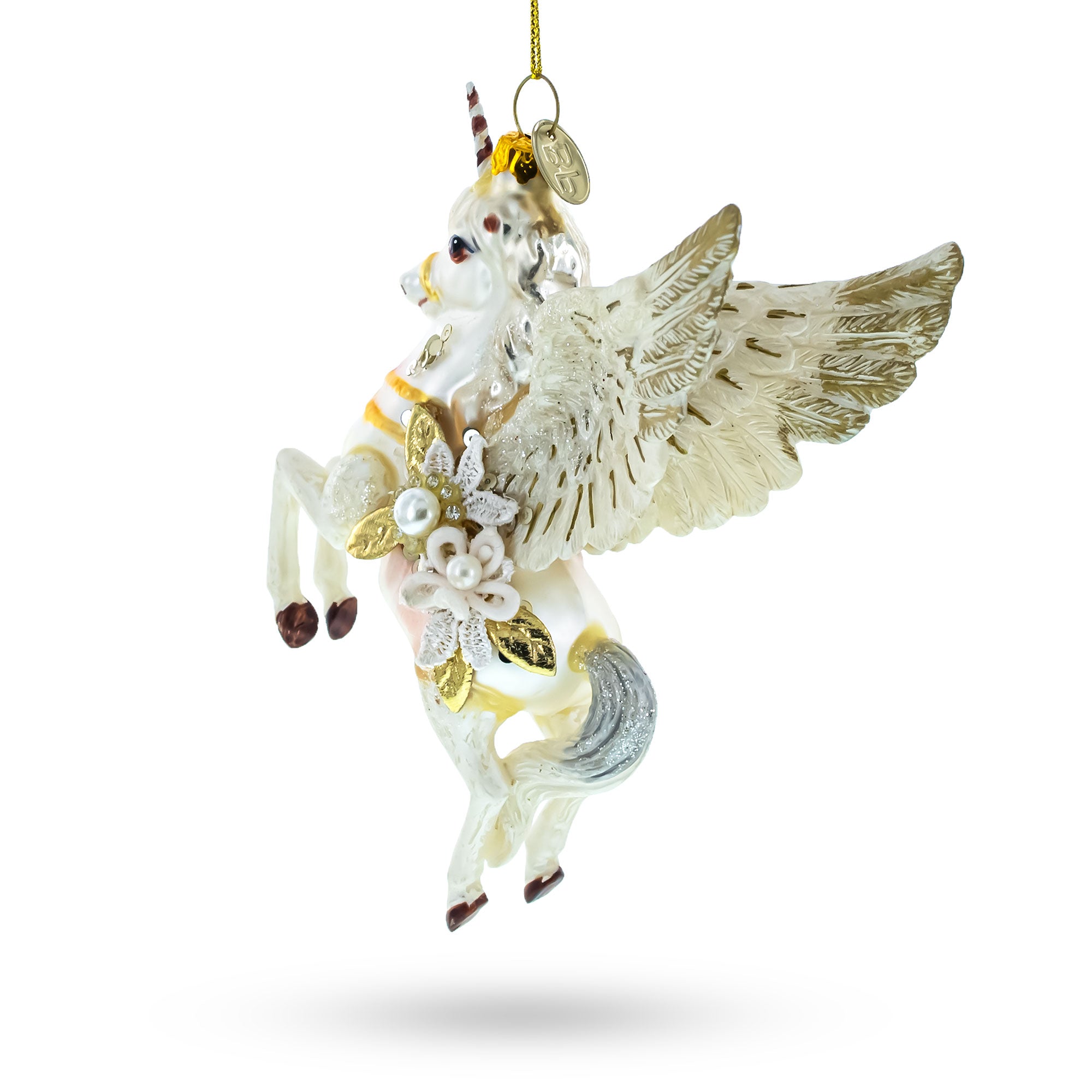 Enchanting White Unicorn Blown Glass Christmas OrnamentChina , dimensions in inches: 5.6 x 3.5 x 1.9