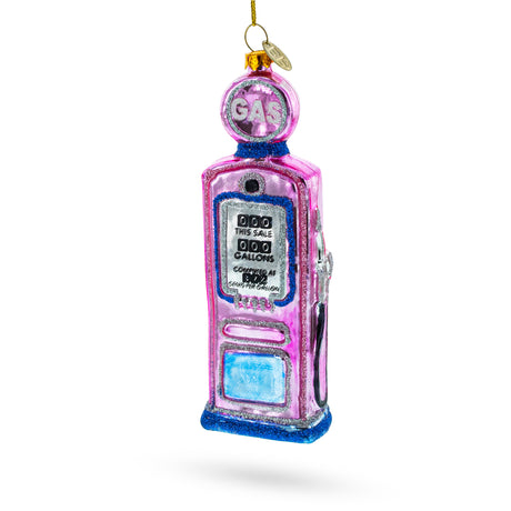 Glass Classic Vintage Retro Gas Pump - Blown Glass Christmas Ornament in Pink color