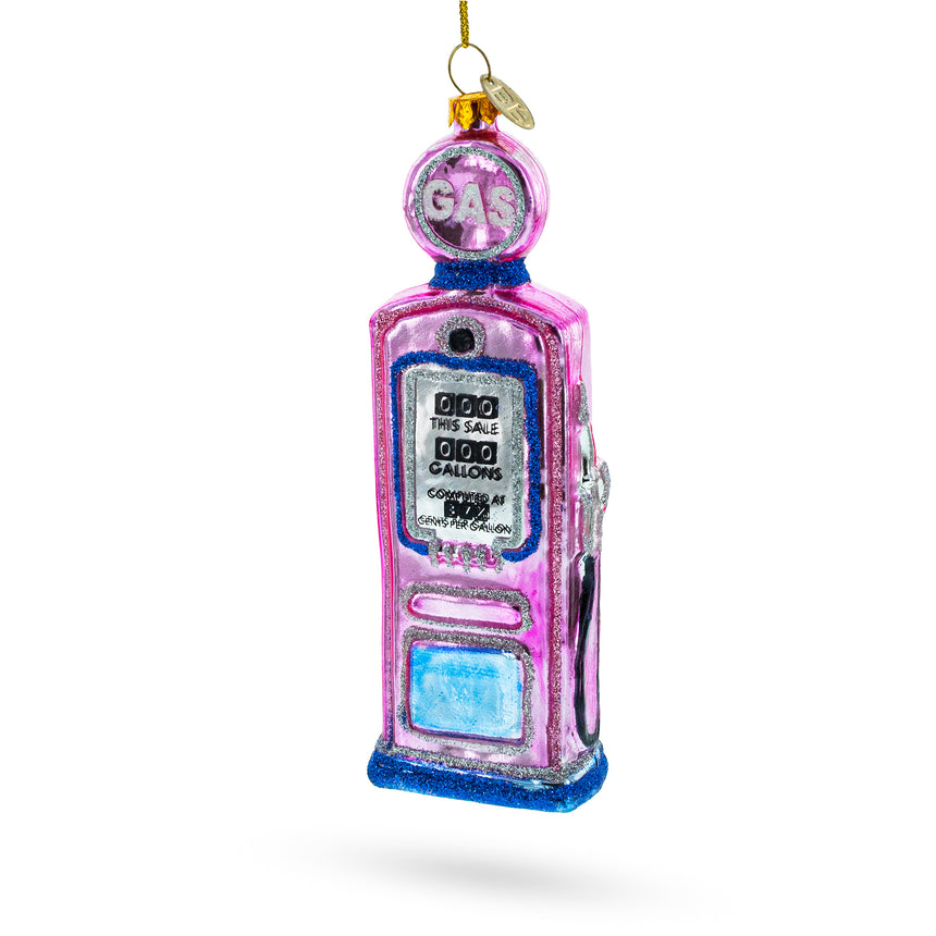 Vintage Retro Gas Pump Glass Christmas Ornament in Pink color