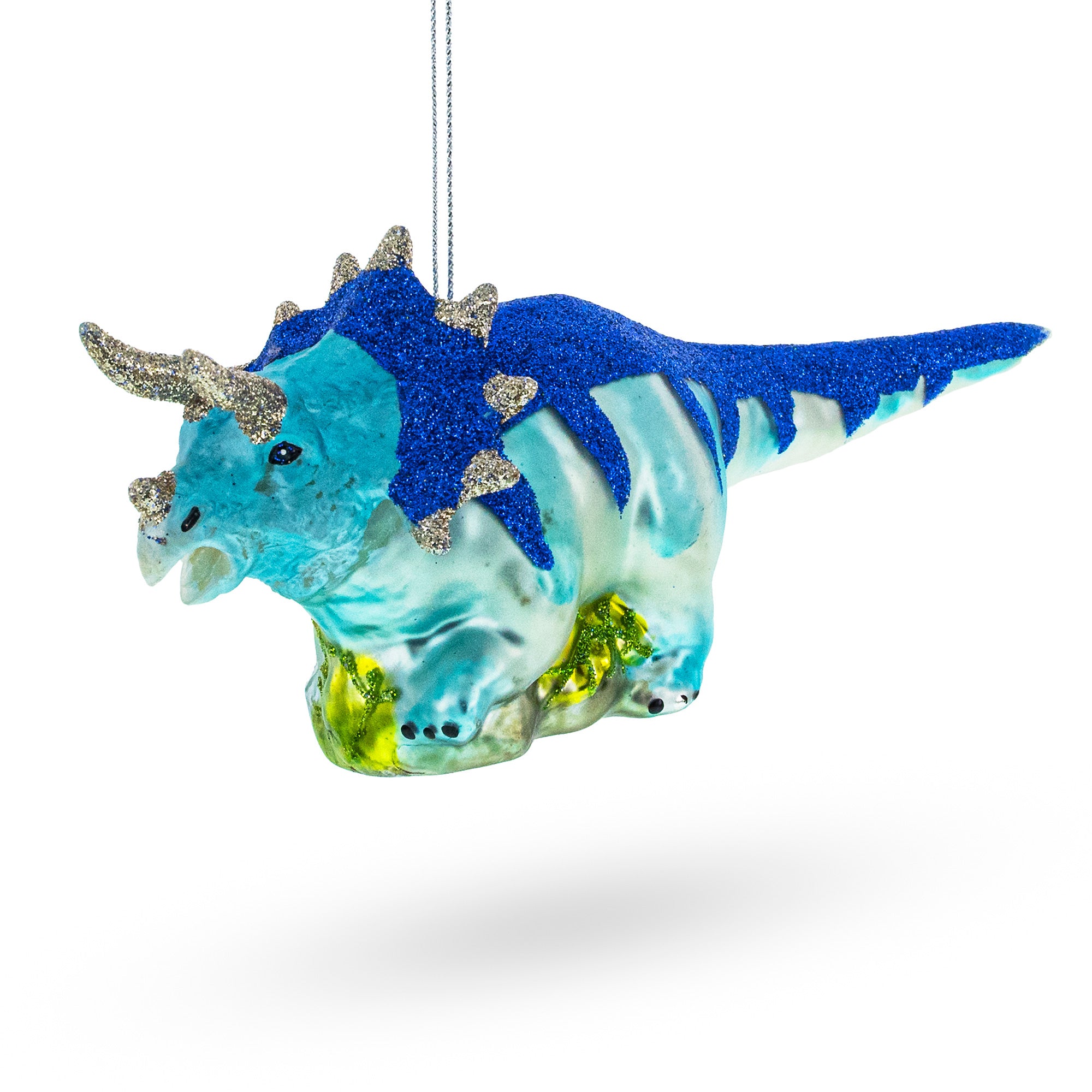 Glittered Dinosaur Glass Christmas Ornament in Blue color Figurine