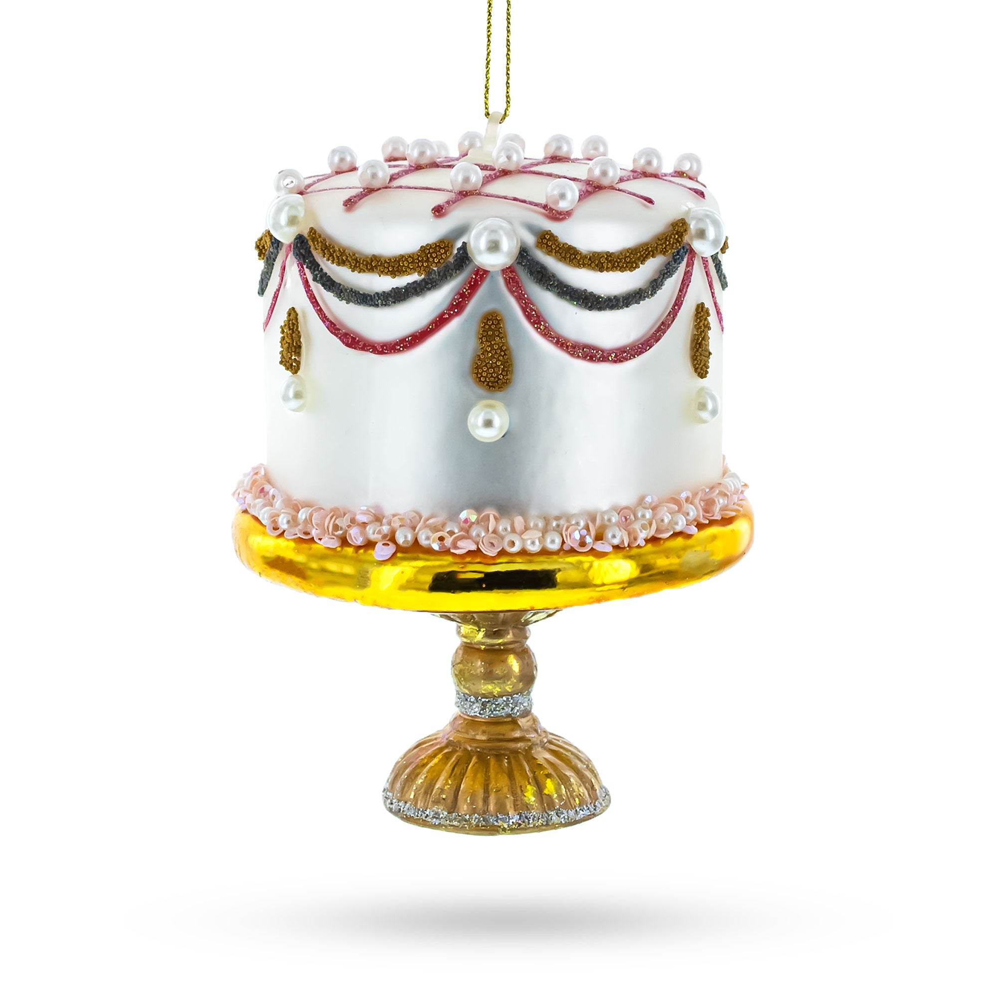 Pearl-Adorned Celebration Cake Glass Christmas Ornament in Multi color Figurine