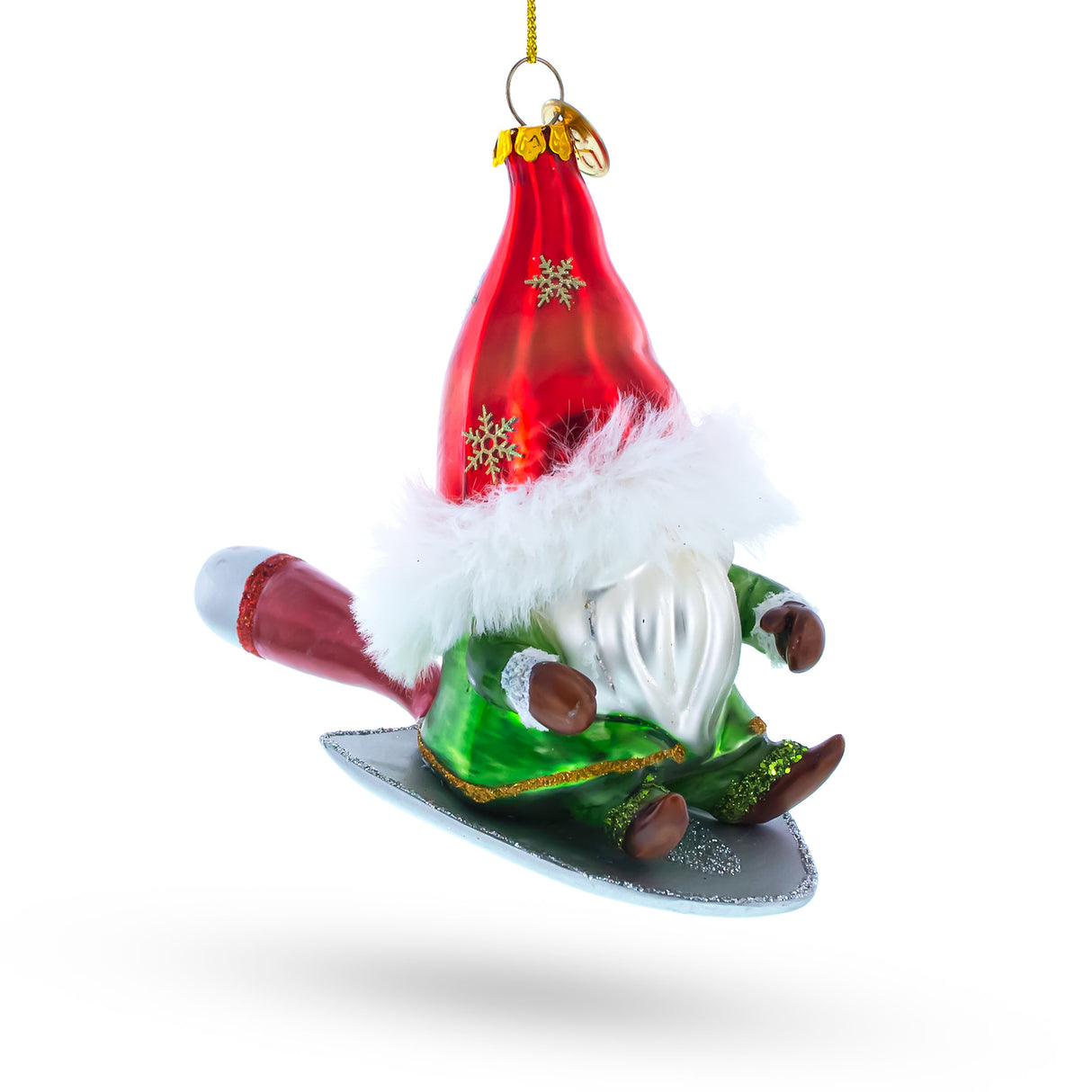 Scandinavian Gnome Valiantly Riding a Shield - Blown Glass Christmas Ornament in Multi color,  shape