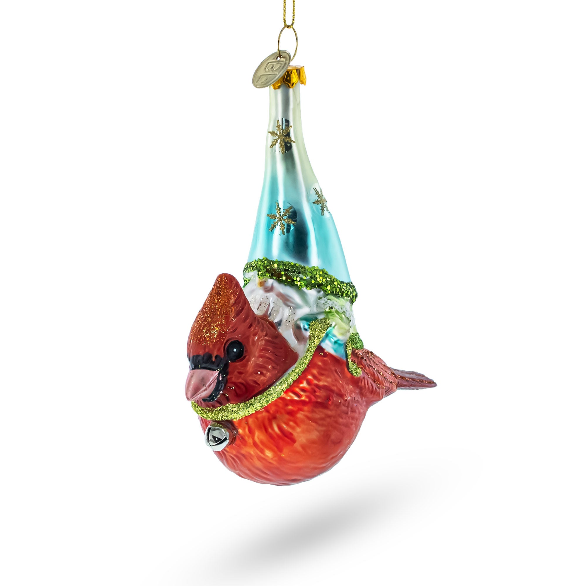 Gnome Riding Red Cardinal Glass Christmas Ornament in Multi color Figurine