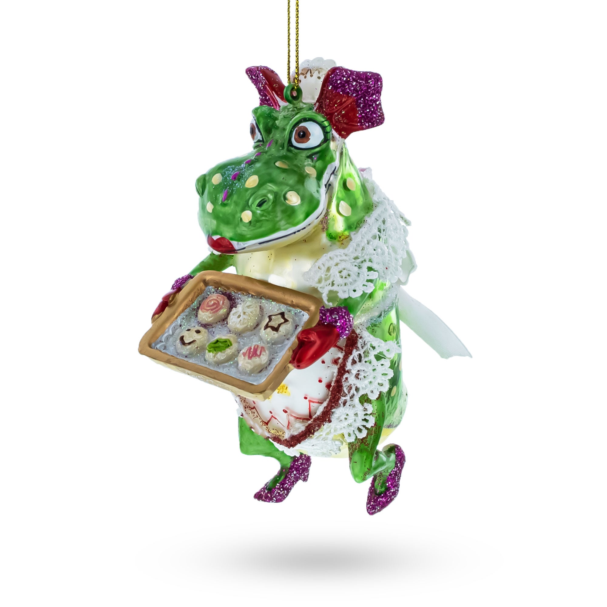 Cookie-Bearing Dragon Delight Glass Christmas Ornament in Green color Figurine