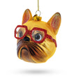 Hipster Bulldog in Red Glasses Glass Christmas Ornament in  color