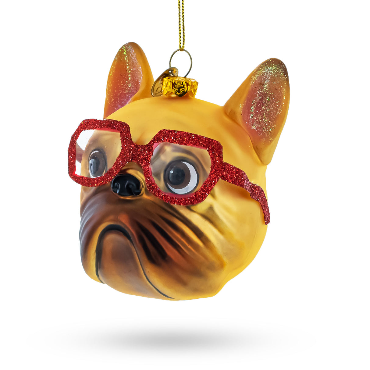 Glass Hipster Bulldog in Ruby-Red Glasses - Blown Glass Christmas Ornament in Orange color