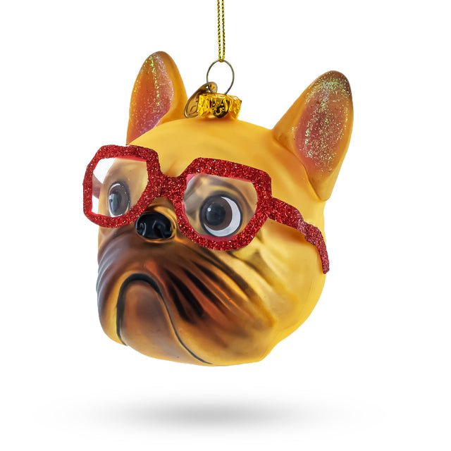 Hipster Bulldog in Red Glasses Glass Christmas Ornament in  color