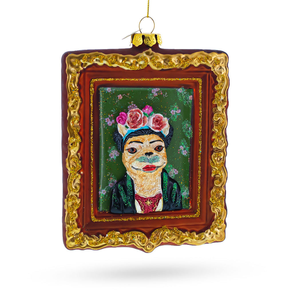 Frida Kahlo Inspired Dog Art Glass Christmas Ornament in Green color Rectangular