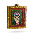 Frida Kahlo Inspired Dog Art Glass Christmas Ornament in Green color Rectangular