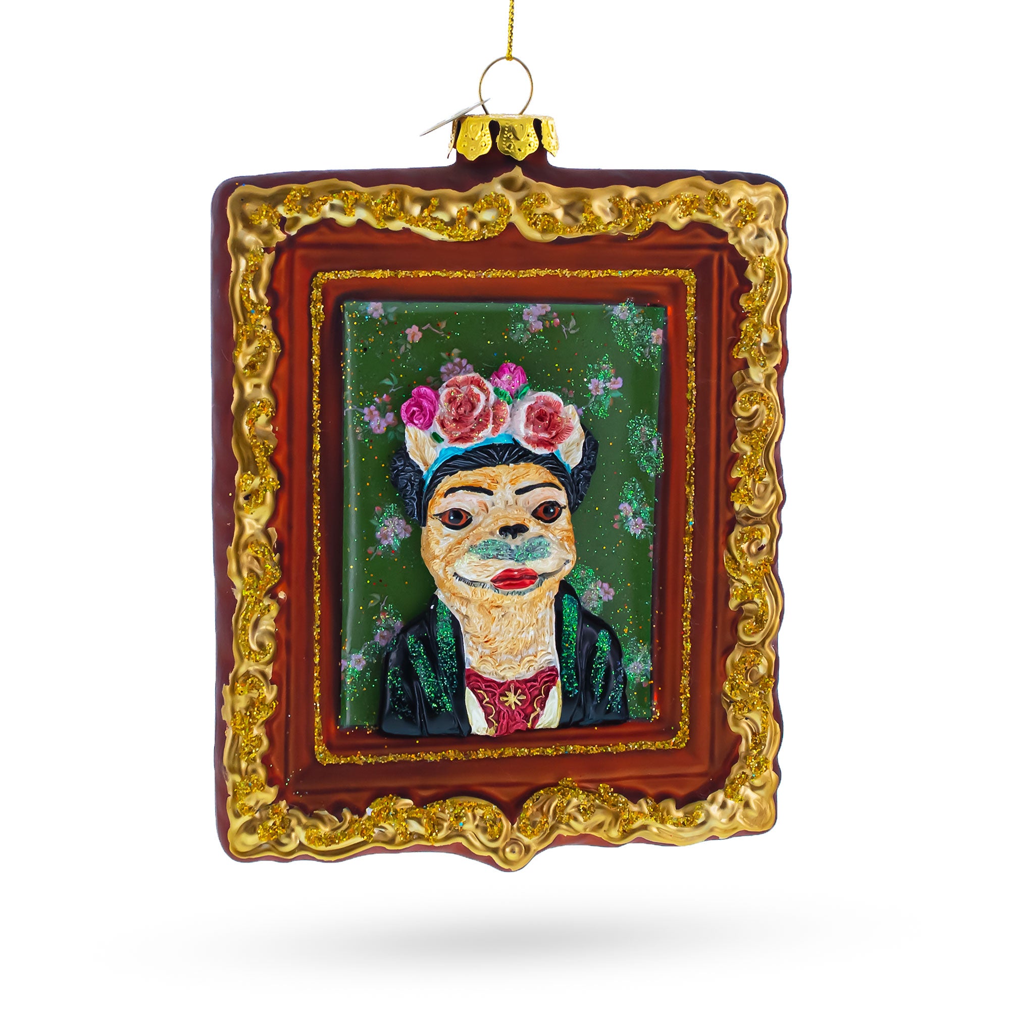 Frida Kahlo Inspired Dog Art Glass Christmas Ornament in Green color Rectangular