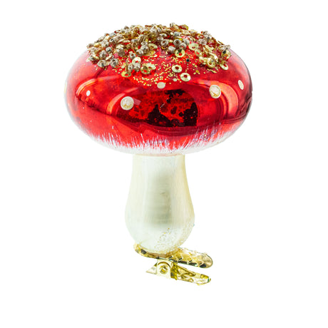 Amanita Mushroom Whimsical - Blown Glass Christmas Ornament in Red color,  shape