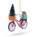Festive Bicycle Ornament with Holiday Tree and Gifts Christmas Ornament in Pink color Figurine