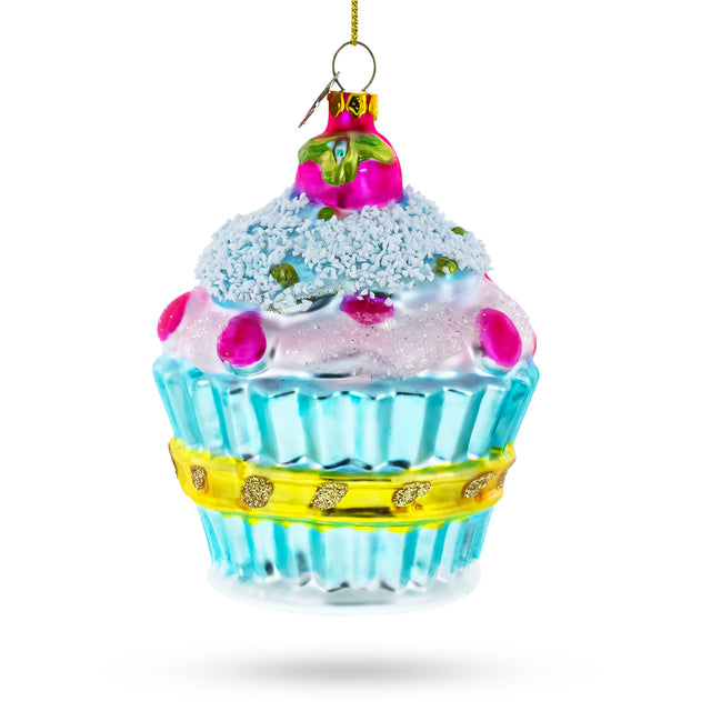 Sugar Frosted Delight: Cupcake - Blown Glass Christmas Ornament in Multi color,  shape