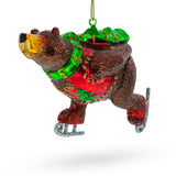 Whimsical Skating Bear Glass Christmas Ornament in Brown color