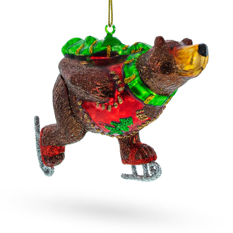 Whimsical Wintertime: Skating Bear - Blown Glass Christmas Ornament in Brown color,  shape
