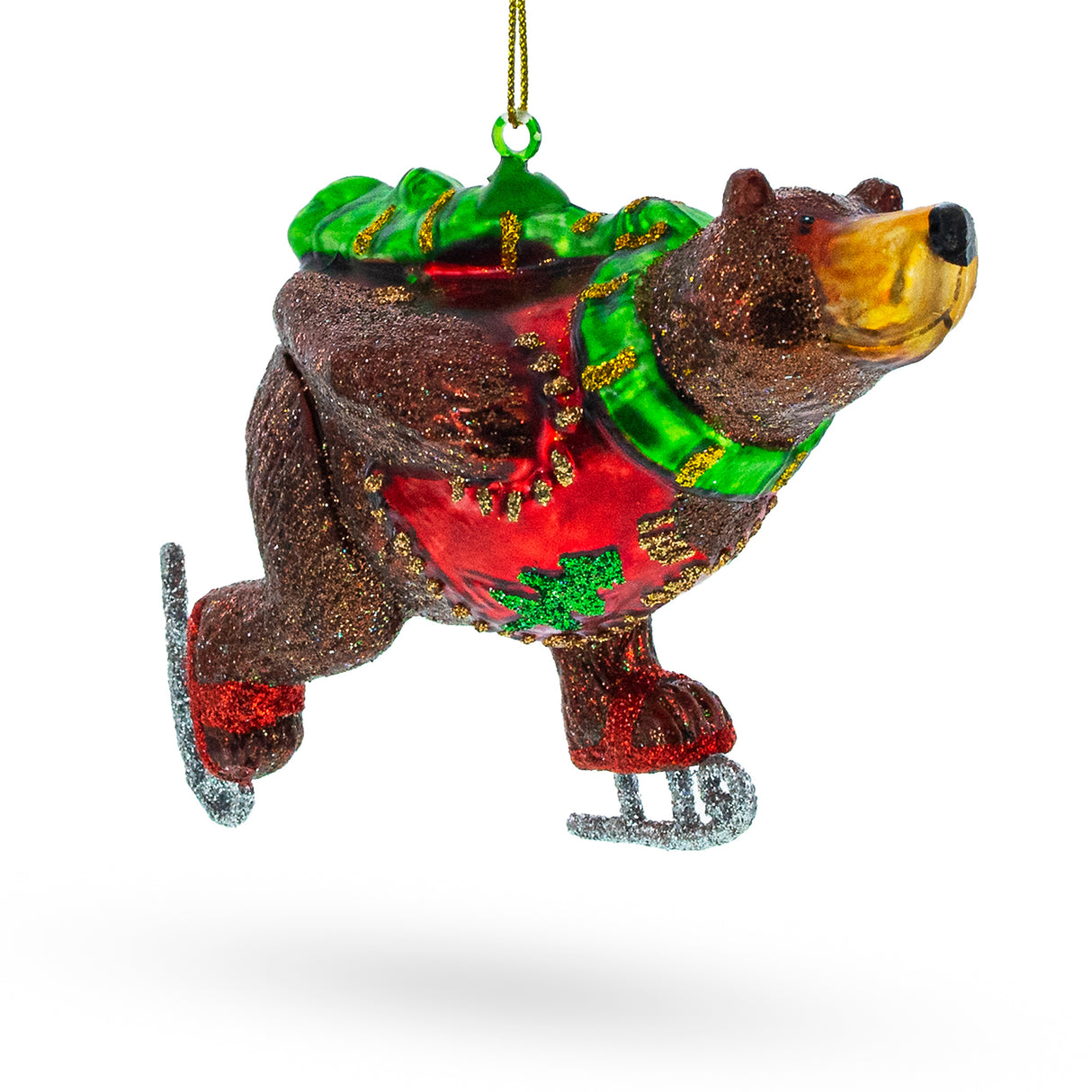 Glass Whimsical Wintertime: Skating Bear - Blown Glass Christmas Ornament in Brown color
