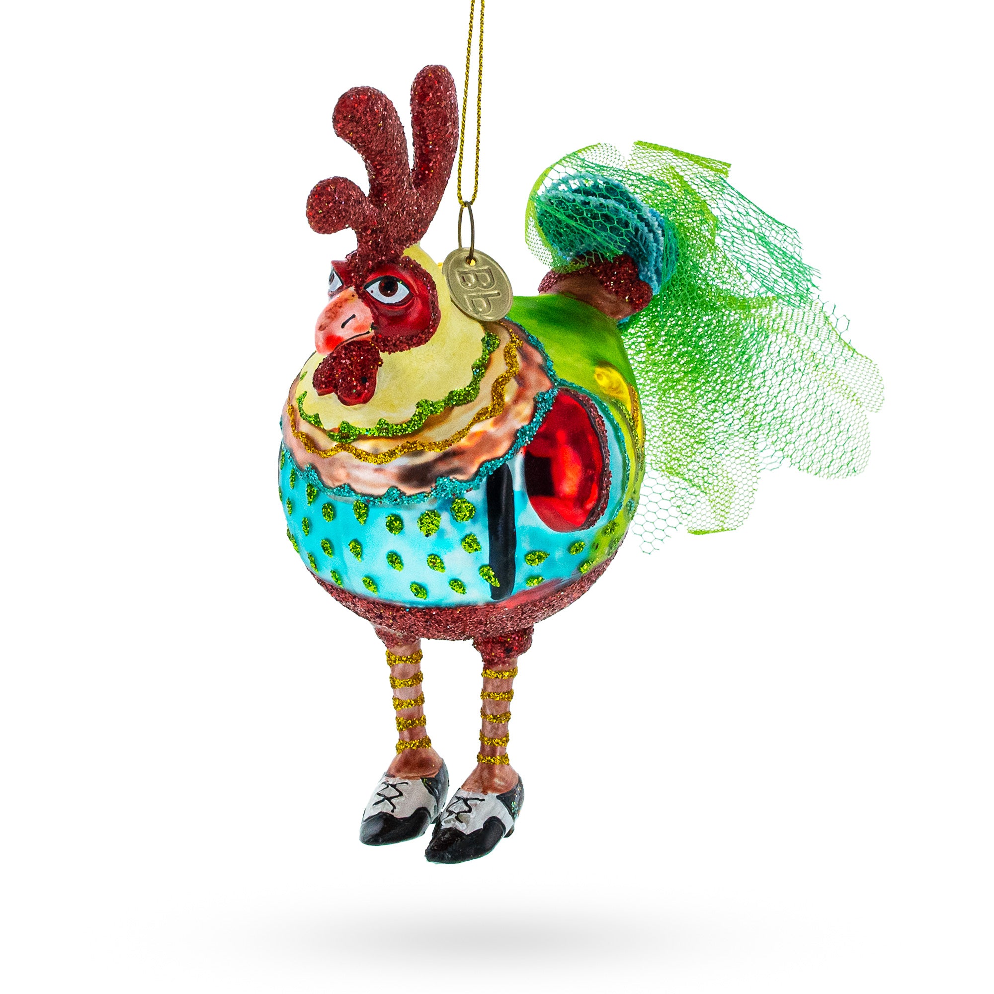 Rooster wearing Shoes Blown Glass Christmas Ornament in Multi color Figurine