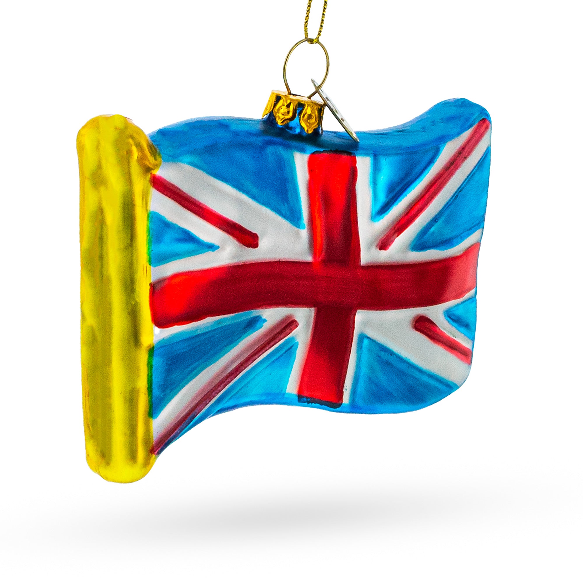 Waving Flag of United Kingdom Glass Christmas Ornament in Multi color Figurine
