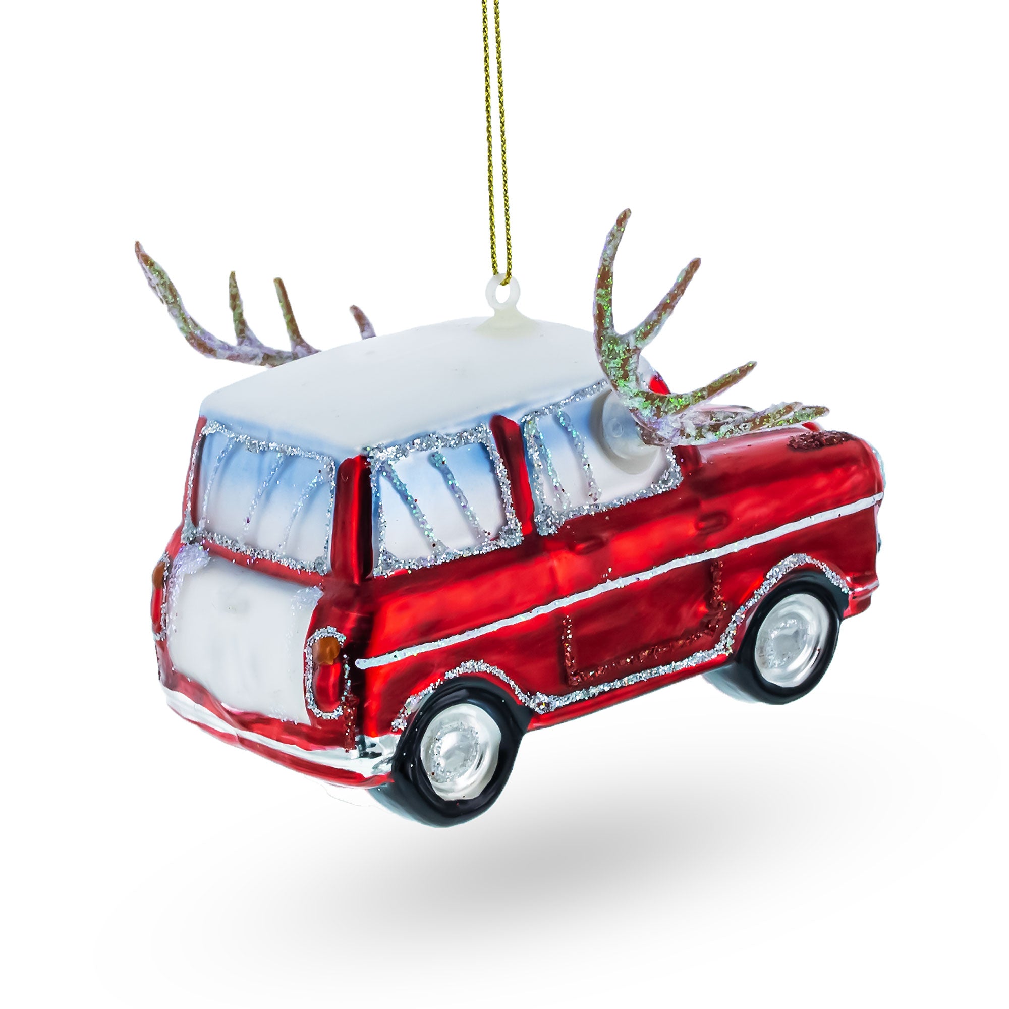 Car Decked Out with Nose & Antlers Glass Christmas OrnamentChina , dimensions in inches: 4.6 x 4.3 x 2.8