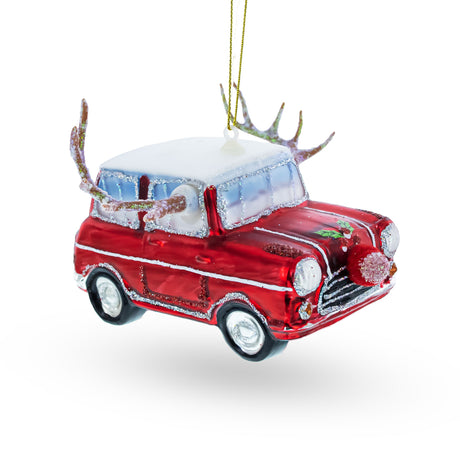 Reindeer Roadster: Car Decked Out with Nose & Antlers - Blown Glass Christmas Ornament in Red color,  shape