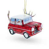 Glass Reindeer Roadster: Car Decked Out with Nose & Antlers - Blown Glass Christmas Ornament in Red color