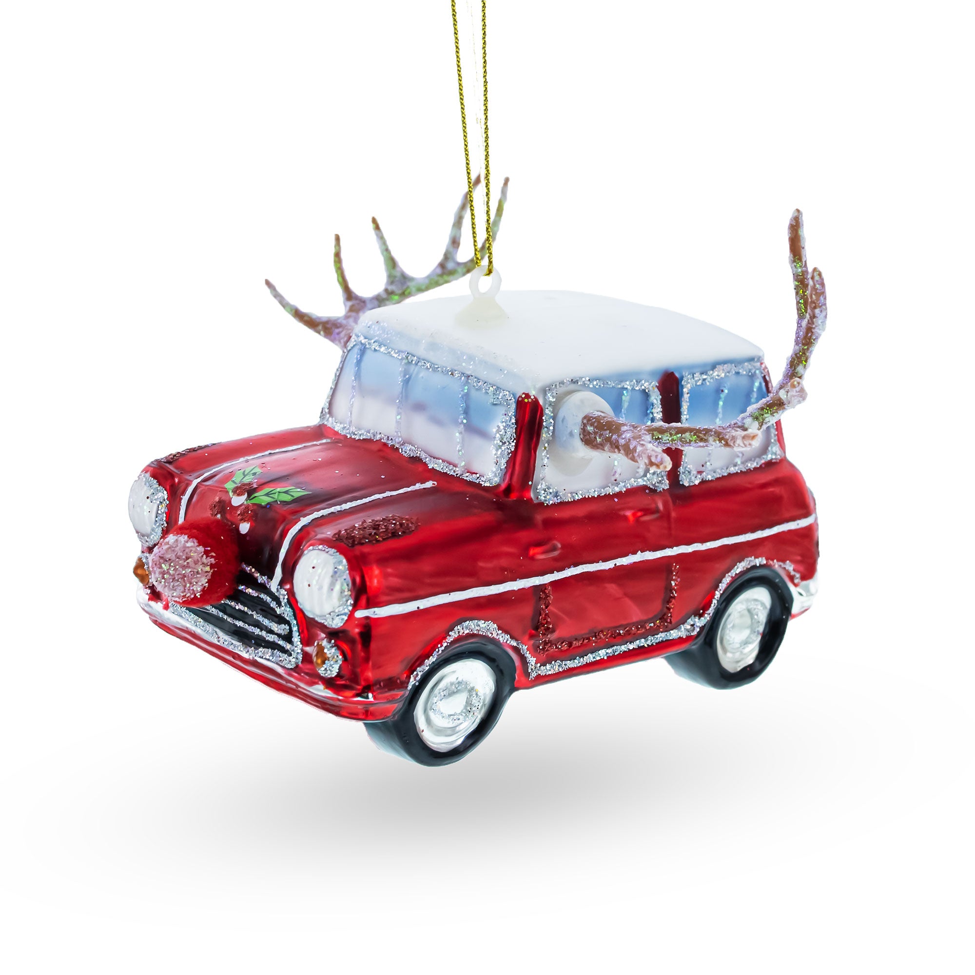 Car Decked Out with Nose & Antlers Glass Christmas Ornament in Red color Figurine