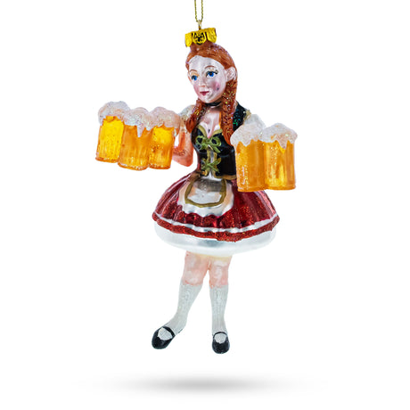 Oktoberfest Cheers: Girl Holding Beer - Blown Glass Christmas Ornament in Multi color,  shape