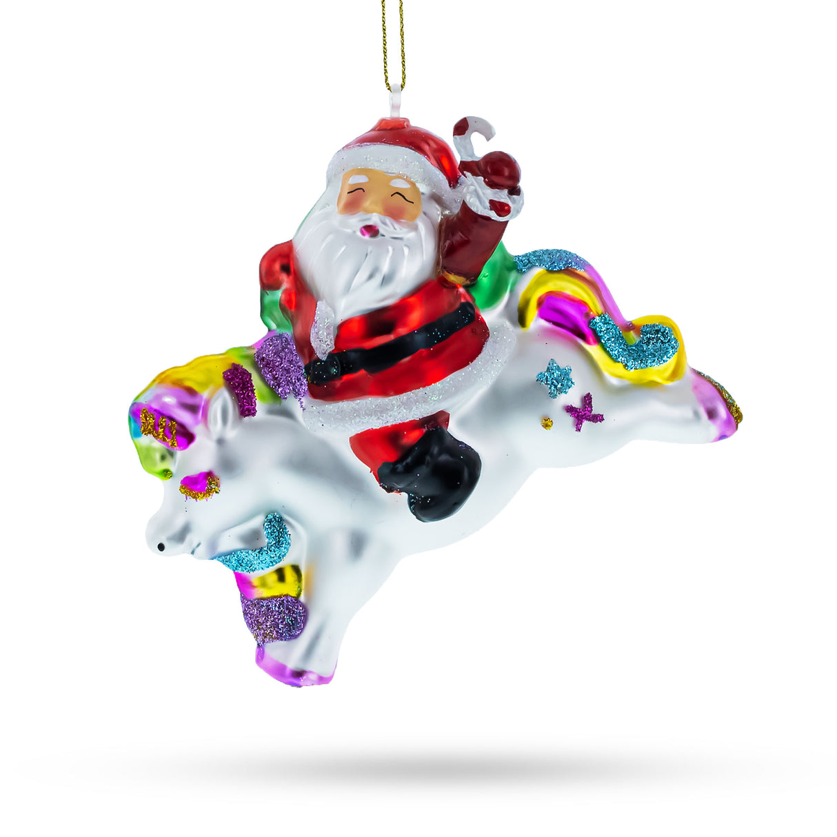Santa's Enchanted Journey: Santa on a Unicorn - Blown Glass Christmas Ornament in Multi color,  shape