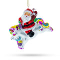 Santa Riding Rainbow Unicorn Glass Christmas Ornament in Multi color Figurine