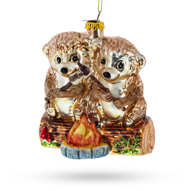 Glass Campfire Cuddles: Wombats Roast Marshmallow - Blown Glass Christmas Ornament in Brown color