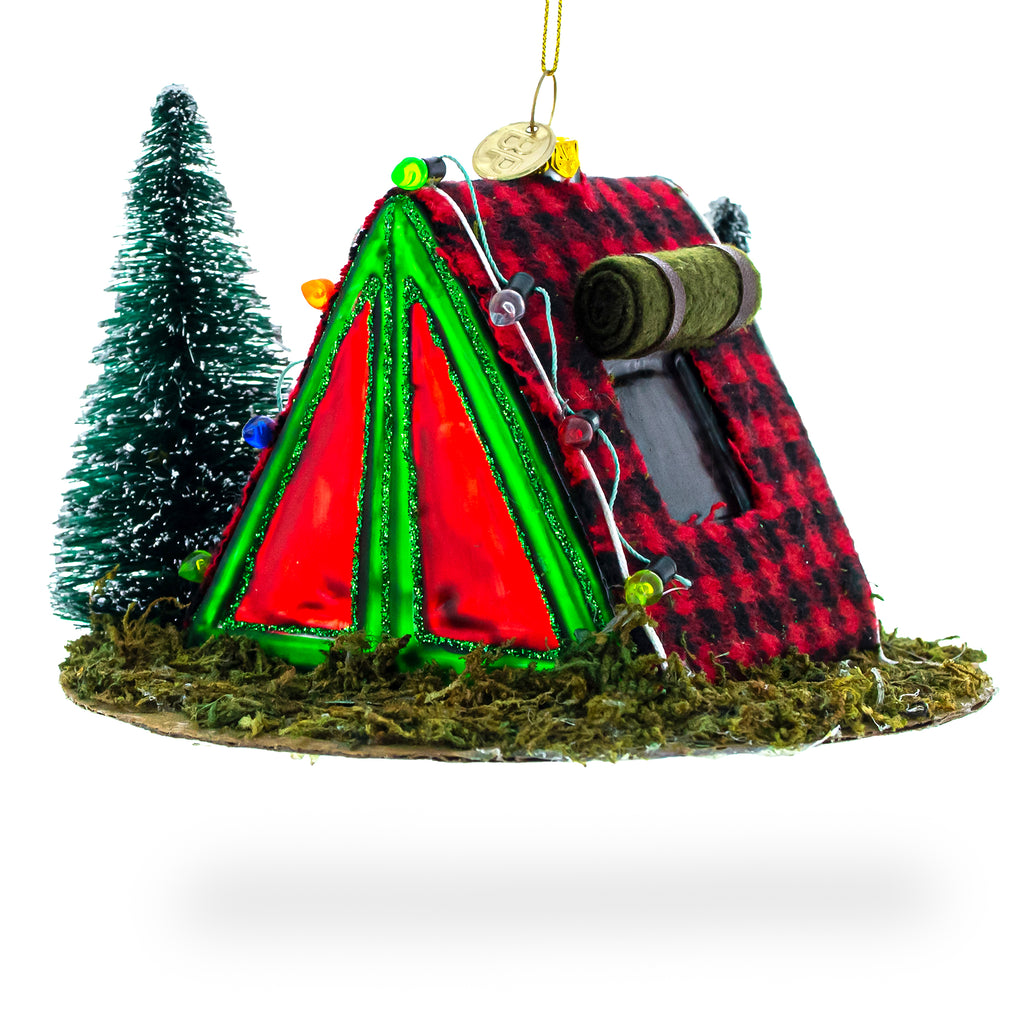 Shelter in the Woods Glass Christmas Ornament in Red color Figurine