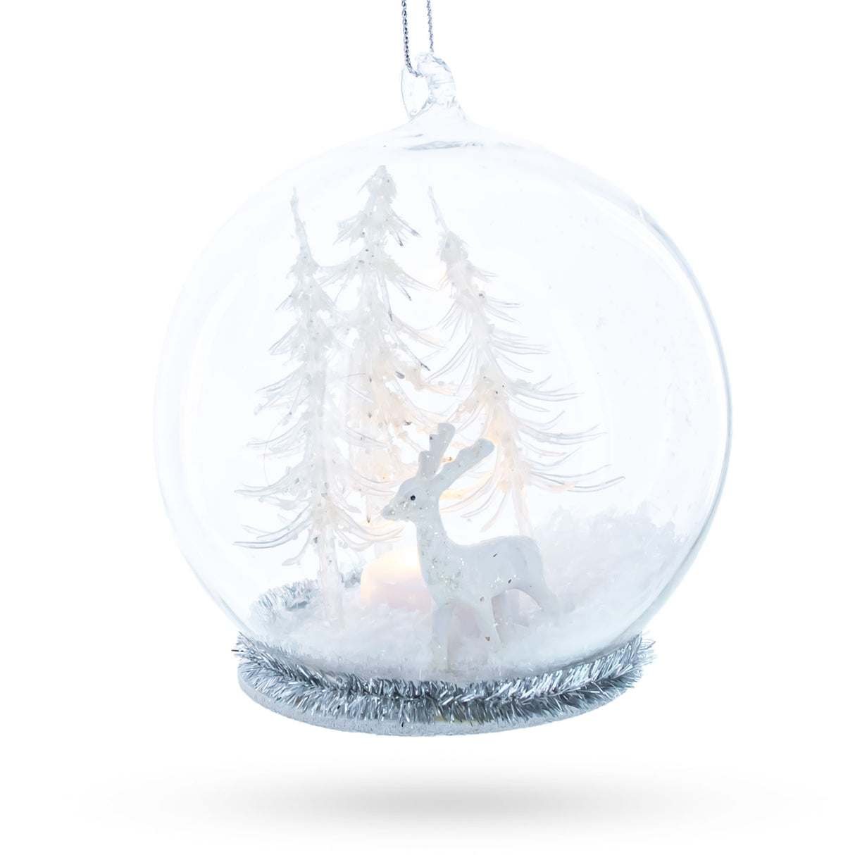 White Deer in Snow Globe with Glistening Snowflakes - Blown Glass Christmas Ornament in White color, Round shape