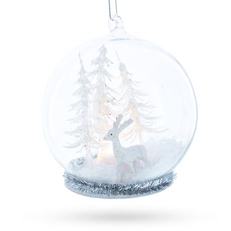 Glass White Deer in Snow Globe with Glistening Snowflakes - Blown Glass Christmas Ornament in White color Round