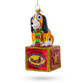 Playful Toy Dog on Festive Red Box Glass Christmas Ornament in Multi color Figurine