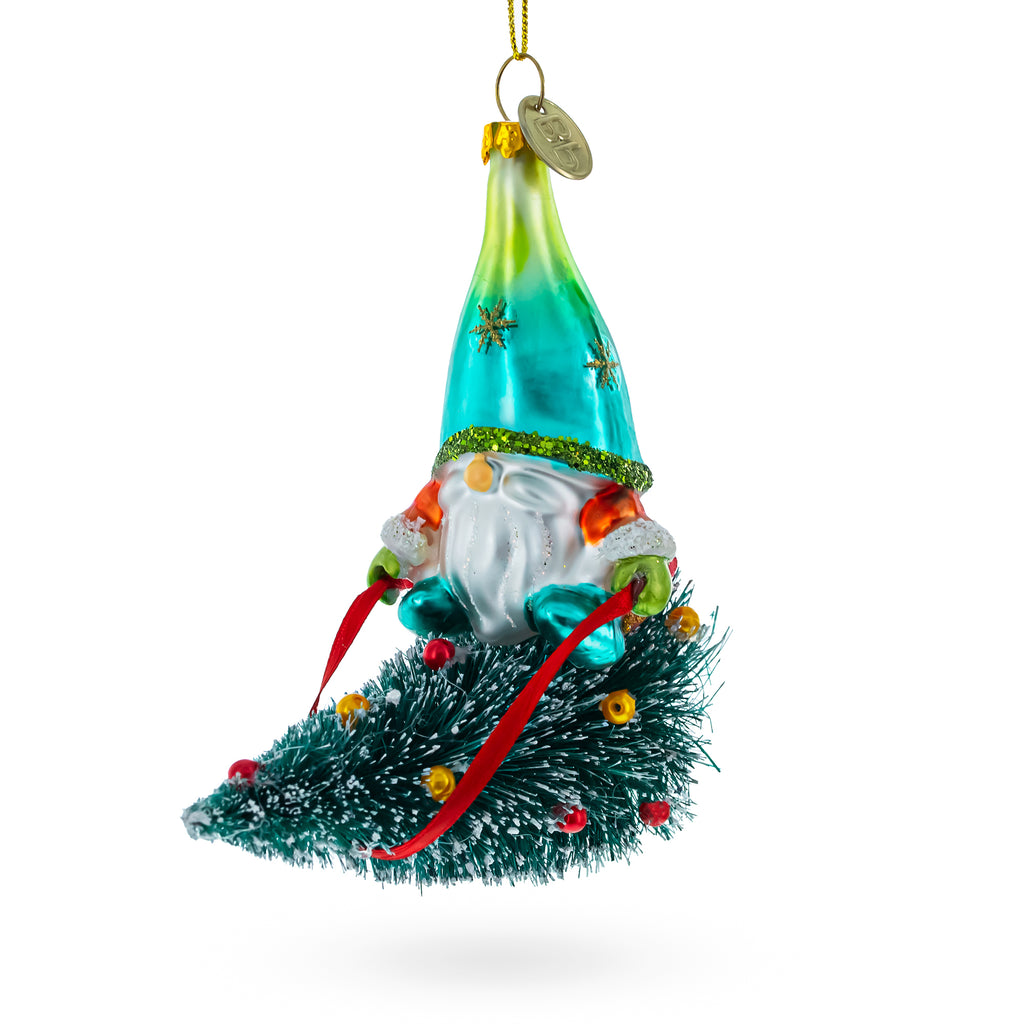 Gnome Adventurer Riding a Festive Tree Glass Christmas Ornament in Multi color Figurine
