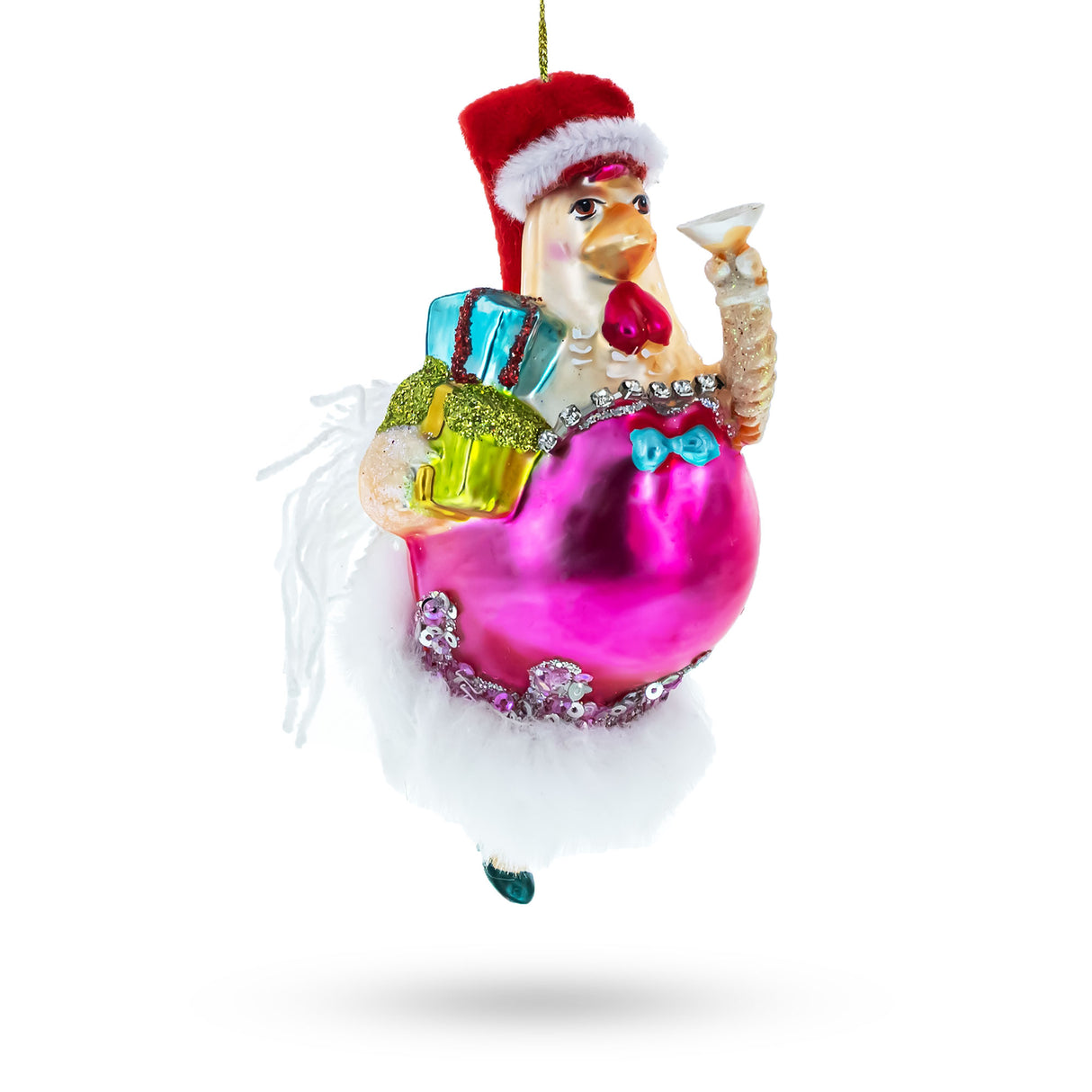 Charming Chicken in Pink Dress - Blown Glass Christmas Ornament in Multi color,  shape