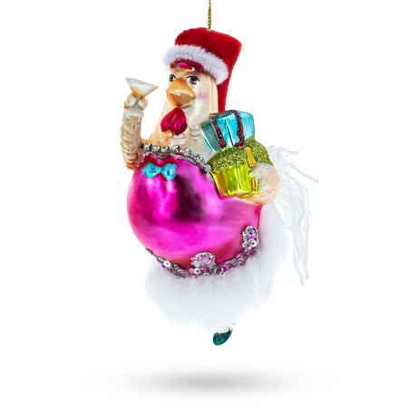 Charming Chicken in Pink Dress Glass Christmas Ornament in Multi color