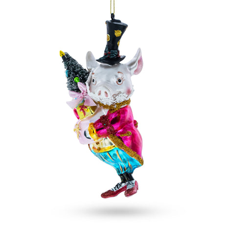 Festive Pig with Christmas Gifts Glass Christmas Ornament in Multi color