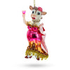 Glass Pink-Dressed Cow with Wine Glass - Blown Glass Christmas Ornament in Multi color