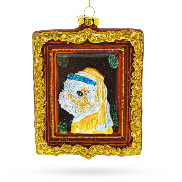 Dog as 'Girl with a Pearl Earring' Painting - Blown Glass Christmas Ornament in Multi color, Square shape