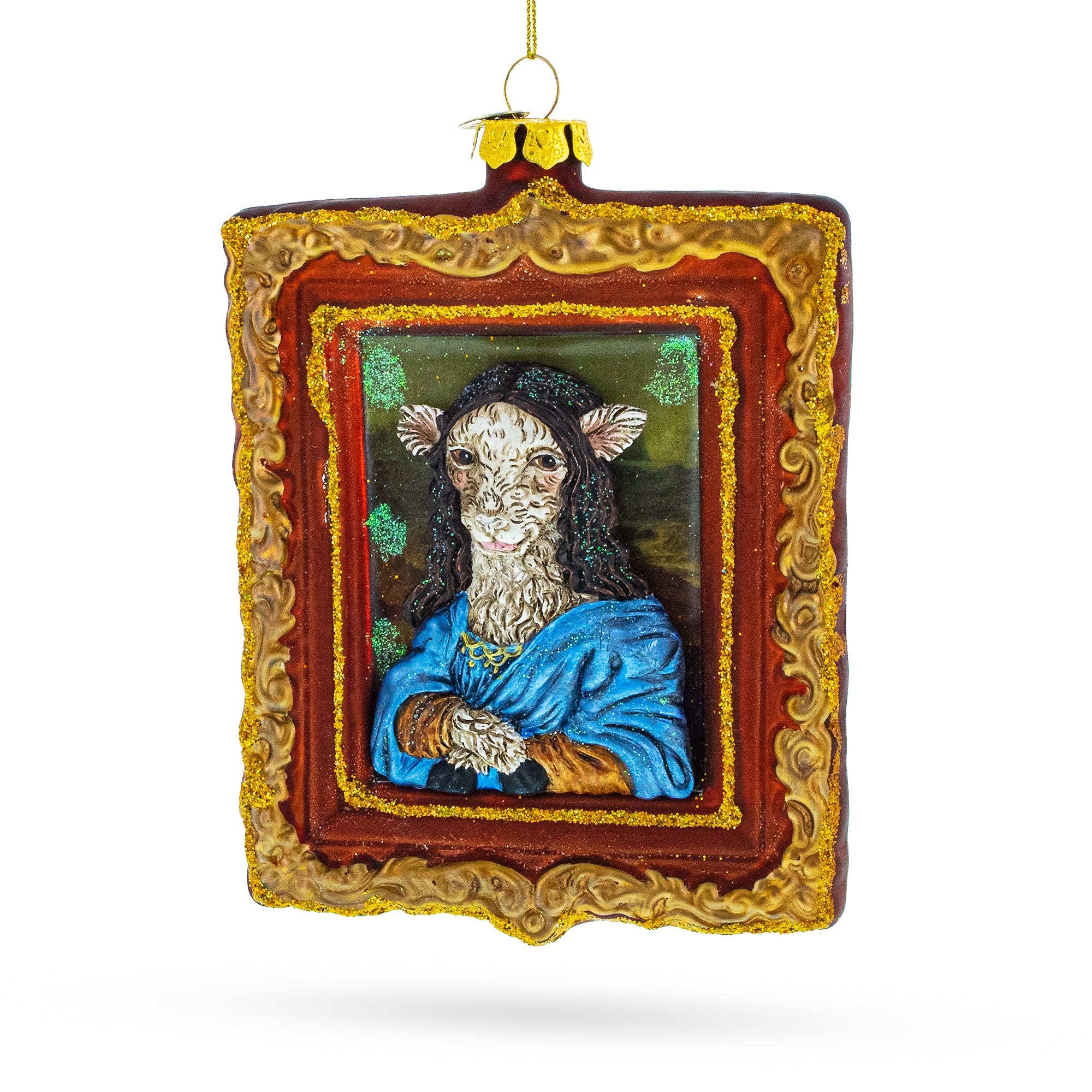 Enchanting Mona Lisa Sheep Blown Glass Christmas Ornament in Multi color Rectangular