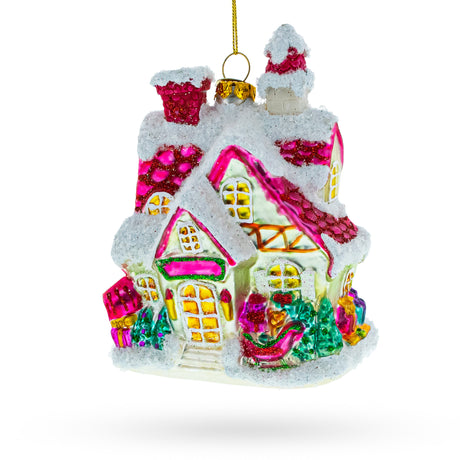Winter Wonderland Snow-Covered House - Blown Glass Christmas Ornament in Multi color,  shape