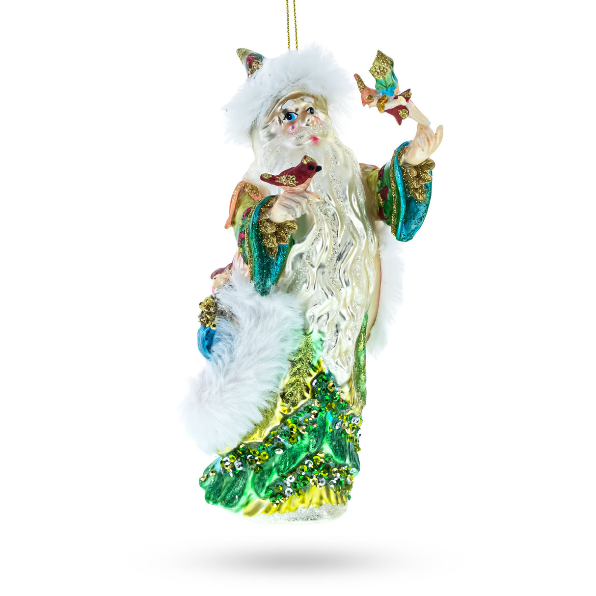 Whimsical Santa in Green Holding Birds - Blown Glass Christmas Ornament in Green color,  shape