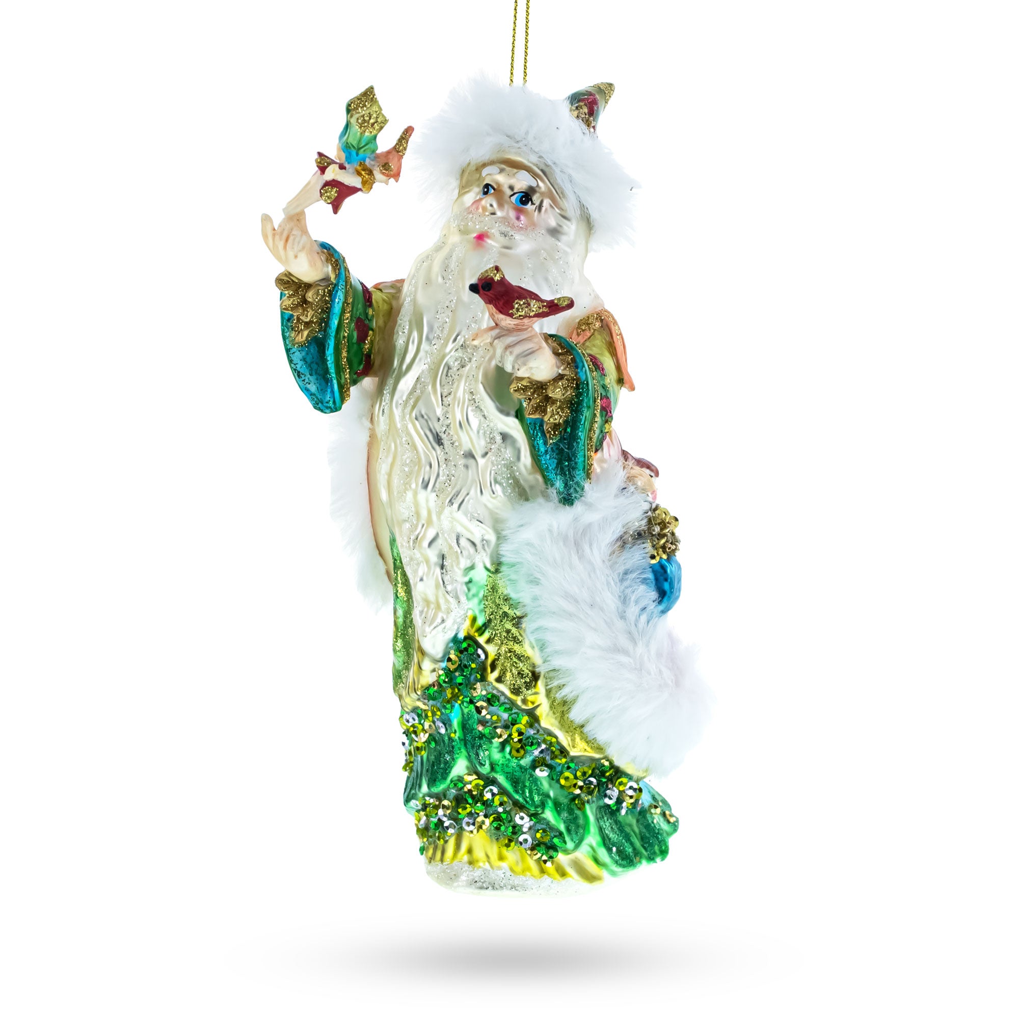 Woodland Santa with Birds Glass Christmas Ornament in Green color Figurine