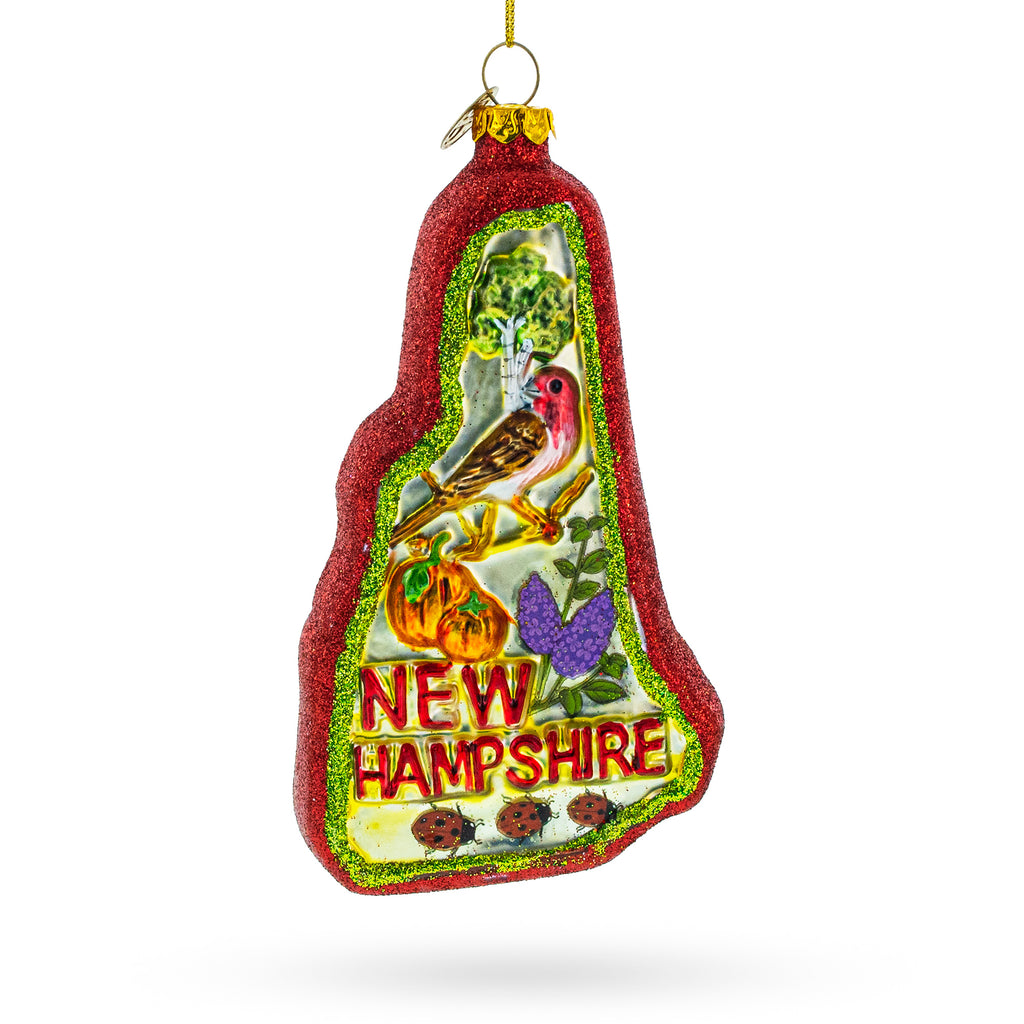 State of New Hampshire Symbols, USA Glass Christmas Ornament in Multi color Figurine
