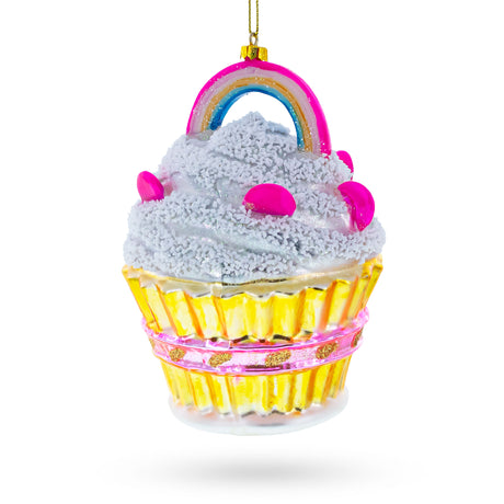 Glass Delightful Sprinkled Cupcake with Rainbow - Blown Glass Christmas Ornament in Multi color